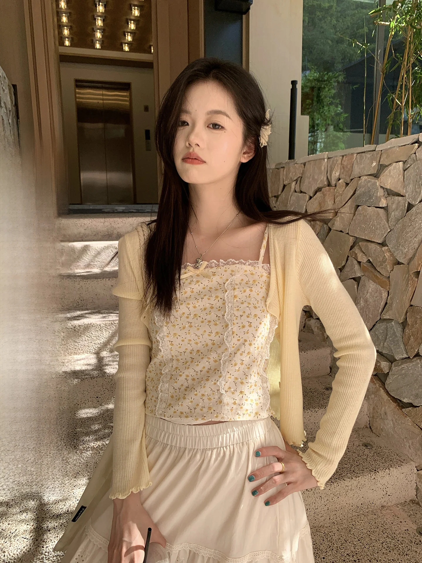 

Hollyii Korean Style Floral Lace Trim Knitted Cardigan Two Piece Set Soft Long Sleeve round Neck Button down Slim Fit Knitwear