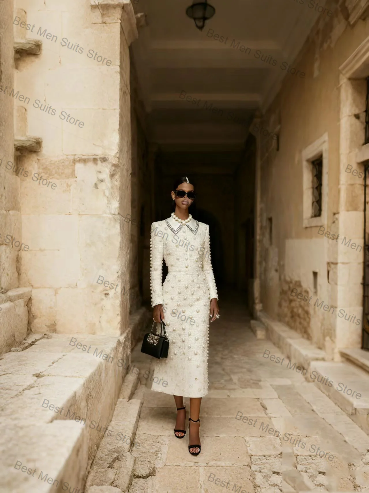 

Женский костюм с белым жемчугом и юбкой, комплект из 2 предметов: пиджак + платье для выпускного вечера, осенняя официальная офисная куртка, индивидуальное пальто для свадебной вечеринки для гостей