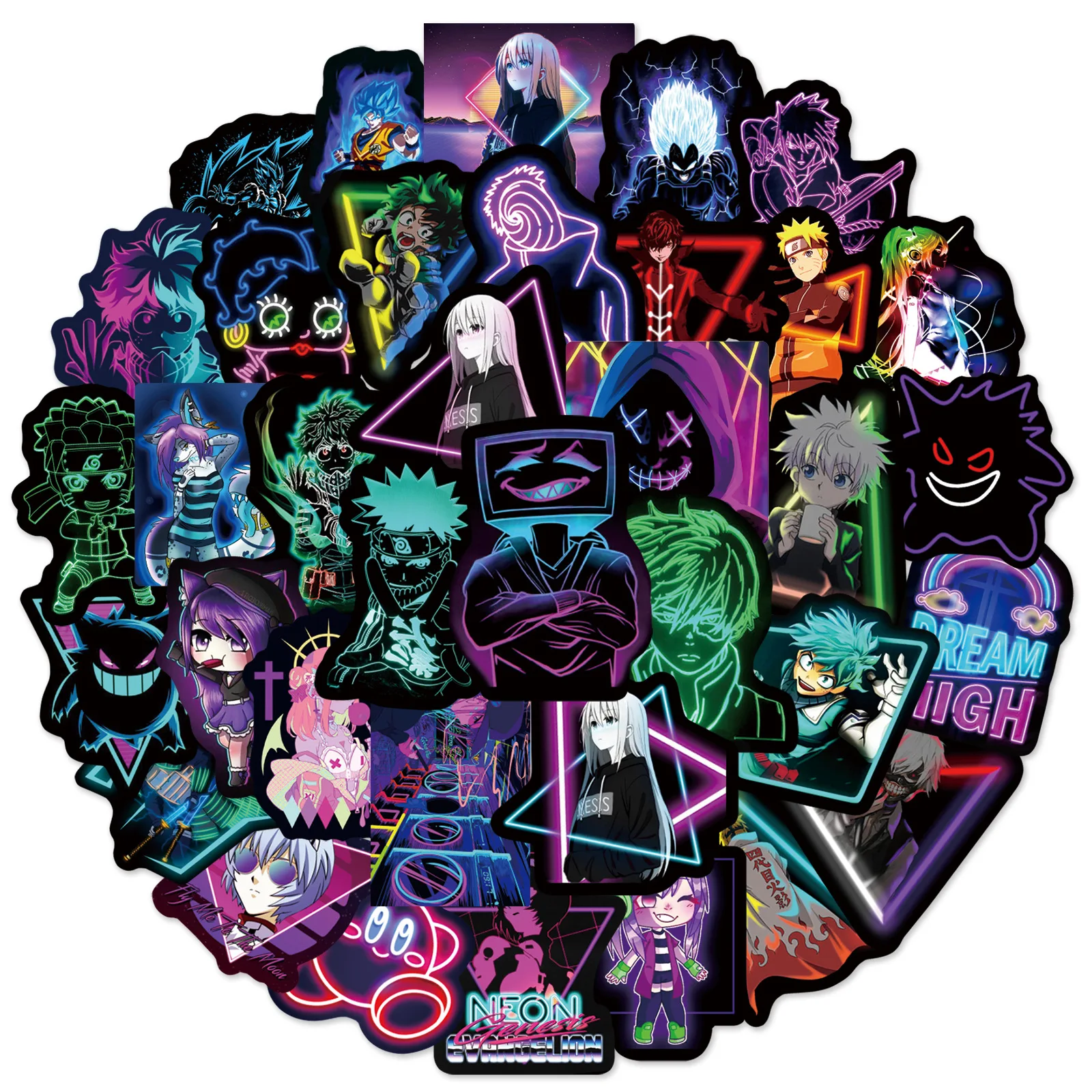 50 Stuks Neon Licht Anime Stickers Mix Cartoon Diy Stickers Scrapbooking Telefoon Bagage Skateboard Decoratieve Waterdichte Stickers