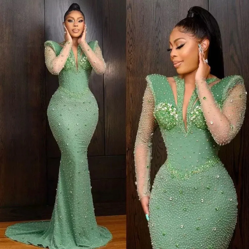 

Sage Green Beading Mermaid Prom Dresses for African Women Luxury Crystal Beaded Aso Ebi Formal Occasion Dress Wedding Guest Gown