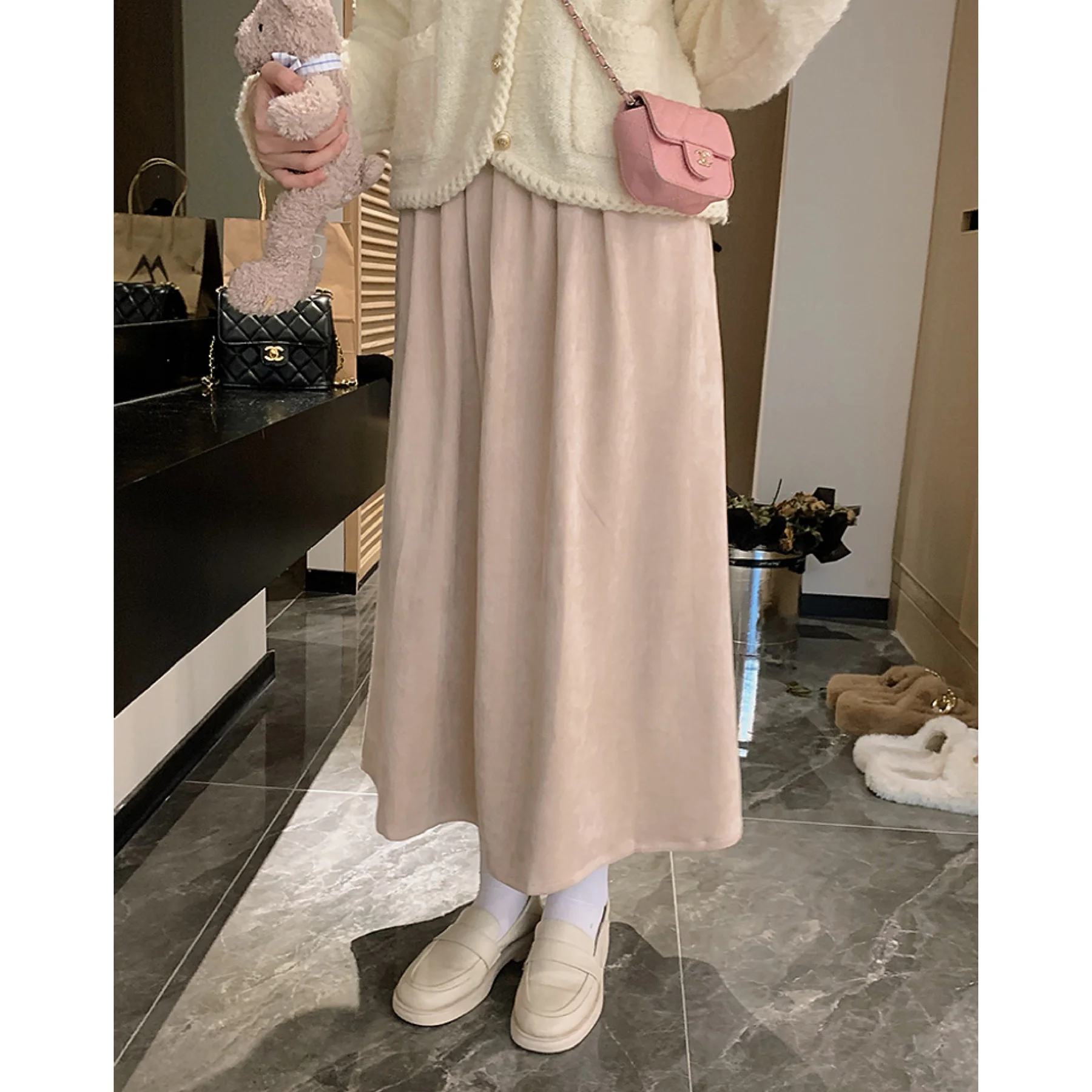 

ANLI SLE 2023 New Frosted Versatile High Waist Midi Skirt Slimming Long Skirt for Young Women Pure Color A-Line Skirt