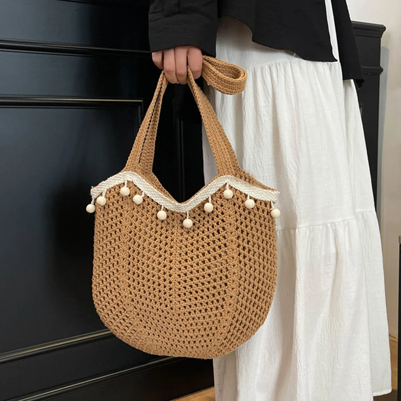Modische Damen-Schultertaschen mit Hohlmuster, Große Kapazität, Gestrickte Unterarmtasche, Einfarbige Häkel-Tragetasche, Sommer-Netz-Strandtasche