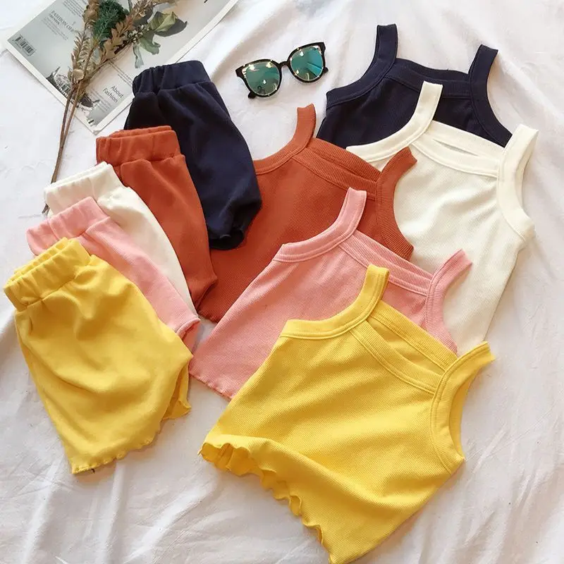 Children's Clothing Sets Knit Sleeveless Tank Top + Shorts 2pcs Sets Kids Boutique Clothes Baby Girl Outfit Set Toddler Clothes