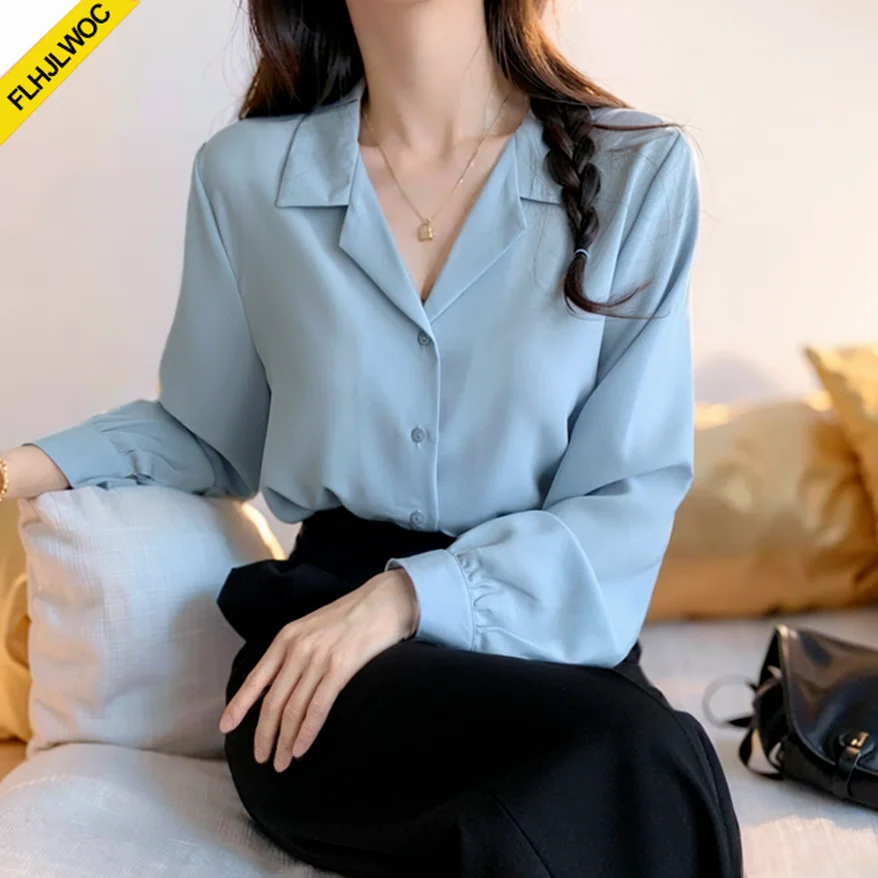 2024 Autumn Basic Chic Korea Fashion Top Office Lady Work Wear Women Single Breasted Button Blue White Shirts Blouses