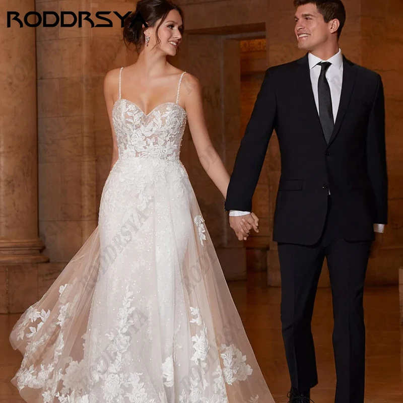 RODDRSYA-Vestido De novia con tirantes finos para mujer, traje De sirena con escote Corazón, apliques sin espalda, sin mangasVestido De novia con tirantes finos para mujer, traje De sirena con escote Corazón, apliques