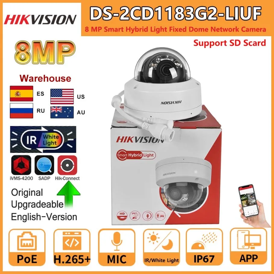 Hikvision 8MP IP Camera DS-2CD1183G2-LIU Built-in Mic Dual-Light 4K Smart Hybrid Light With ColorVu Fixed  Dome Network Camera