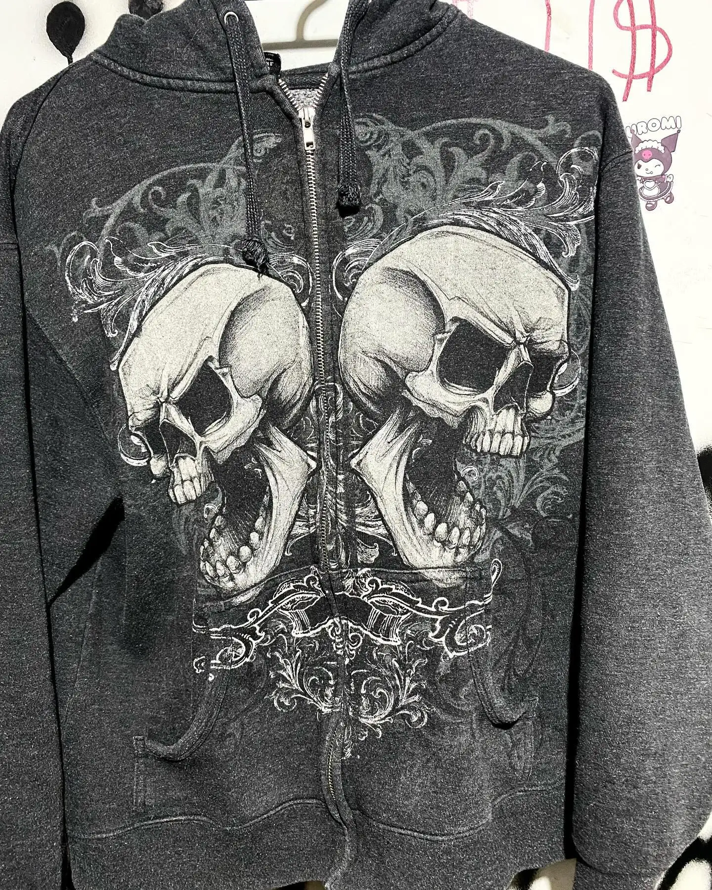 Y2K New Retro Skull Print Hoodie Street Hip Hop Loose Zipper Hoodie Men\'s Harajuku Gothic Punk Casual Loose Long Sleeve Hoodie