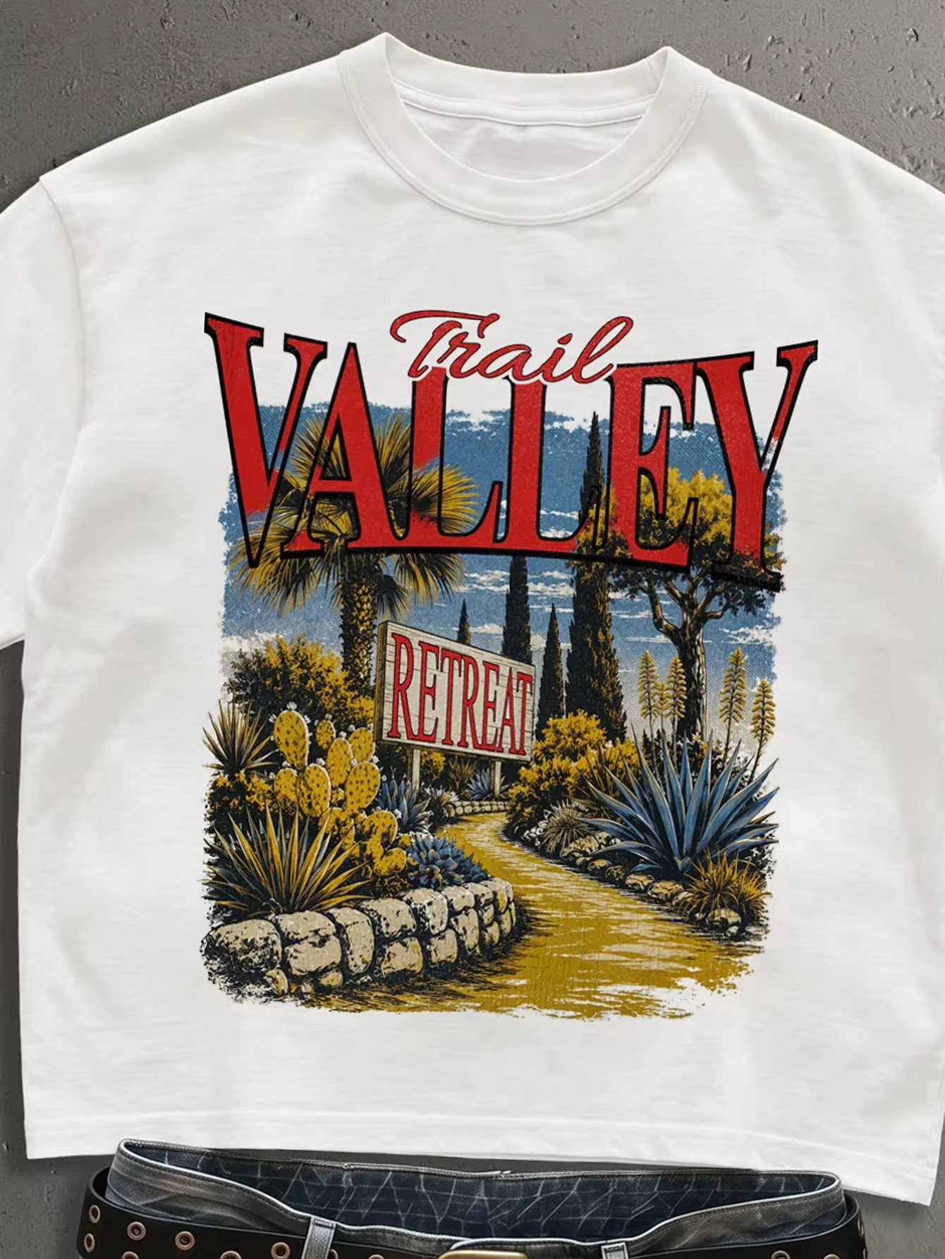 2026 New Family Matching Unisex Oversized T-Shirt Retro Desert Valley Cactus Landscape Trail Text Chest Print Streetwear Tops