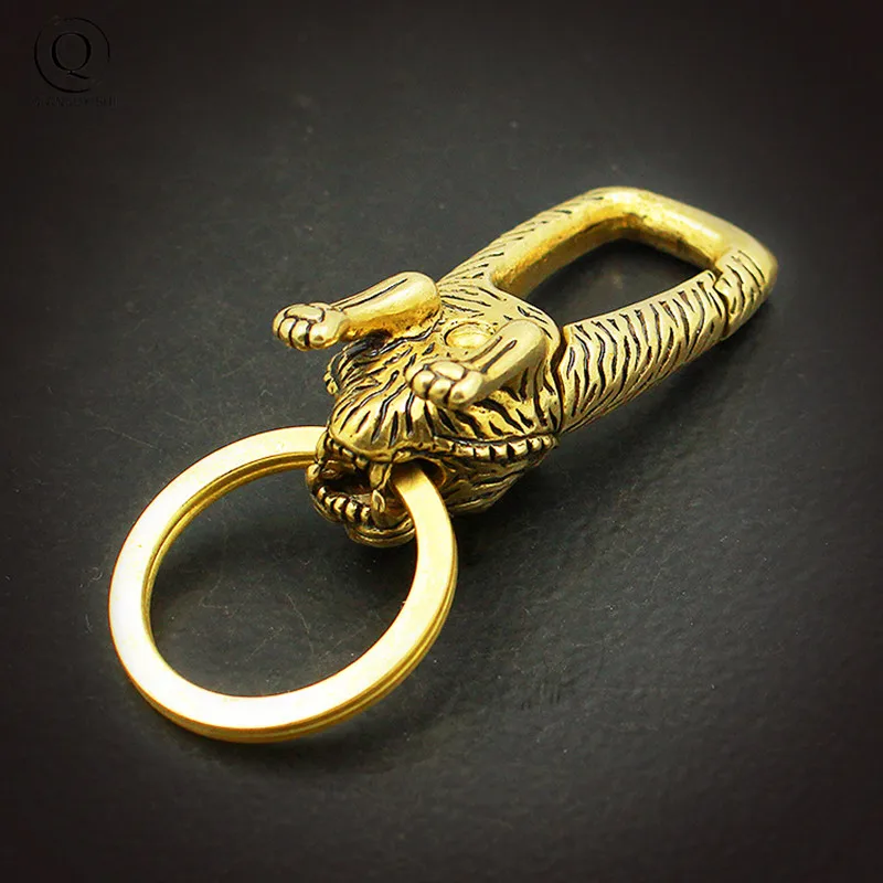 2022 NEW Brass Tiger Head Keychain Antique Craft Key Chains Ring Clasps Keyring Waist Buckle Copper Vintage Car Key Holder
