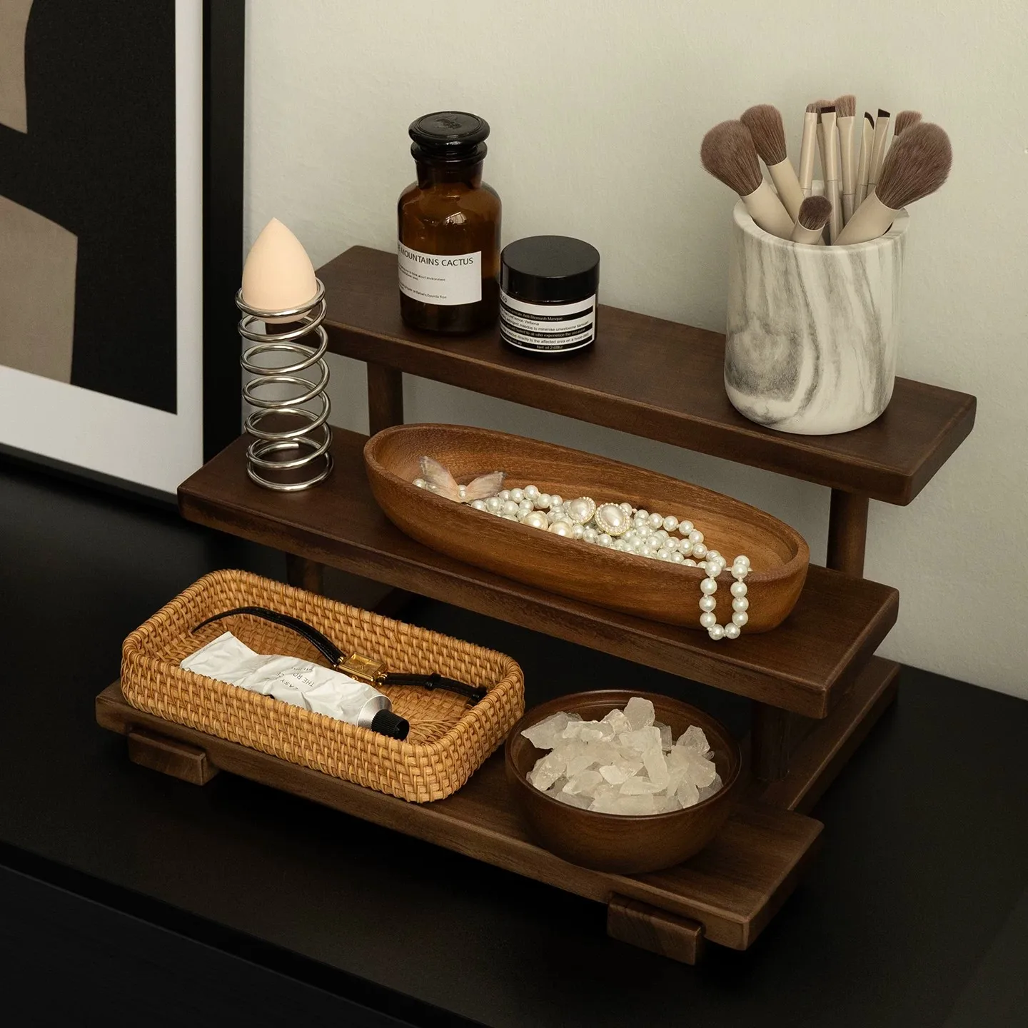 Walnut Color Tiered Storage Shelf Multi-Layer Desktop Cosmetic Organizer Wooden Display Rack for Desk Perfume Jewelry Skincare