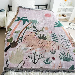 Textile City Whimsical Jungle Tiger Throw Blanket Pastel Pink Palm Leaf Woven Tapestry with Fringe Cute Boho Decorative Throw