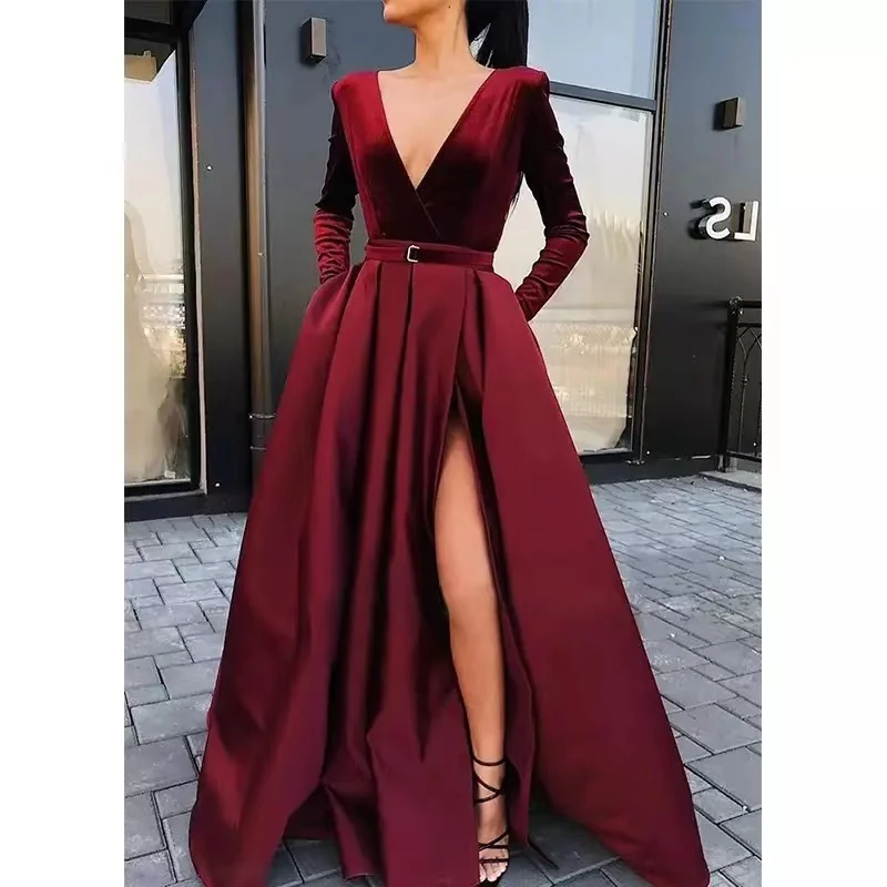 Frauen Lange Kleid Elegante Damen Kleid Party Kleider A-Line Tiefem V-ausschnitt Slit Voller-länge Abend Club Maxi Hohe Taille kleid