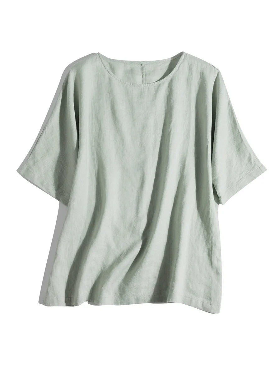 

Легкая льняная футболка с круглым вырезом и рукавом три четверти, свободного кроя, в художественном ретро-стиле, для женщин