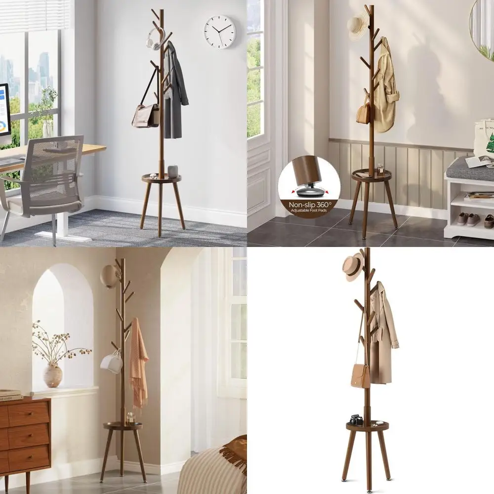 

Adjustable Wooden Coat Rack with 8 Hooks, 4-Tier Height Options, 50.5-72.6, for Home Storage of Bags, Clothes, Umbrellas, Hats i