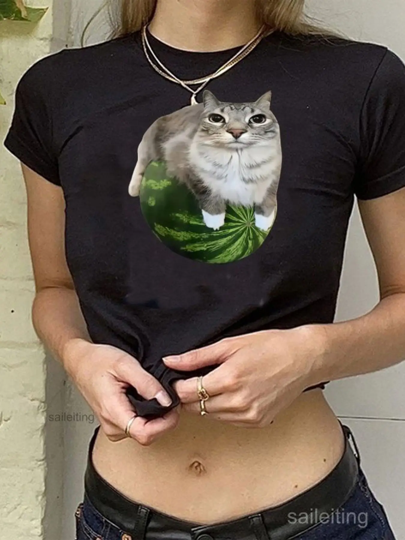 Cute Cat On Watermelon Graphic Tee - White Cropped Round Neck Summer T-Shirt, Cozy Knit Cardigan & Olive Sweatpants Outfit, F