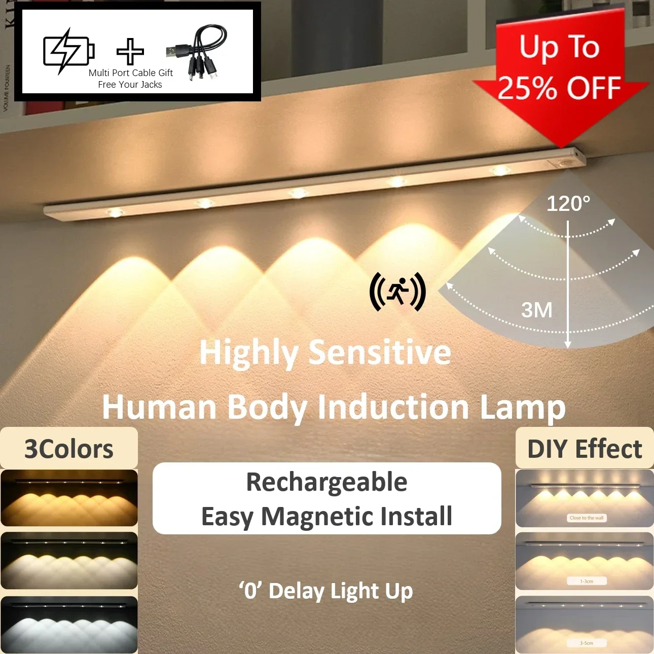 3Colors Superthin Rechargeable Motion Sensor Intelligent LED Under Cabinet Smart Night Light for Closets Kitchen Stairs Cabinets