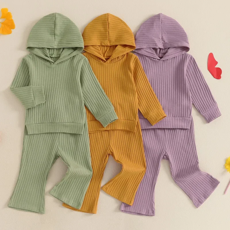 

Baby Clothing Girl Spring Autumn Long Sleeve Solid Color Hooded Tops Ribbed Flared Pants Clothes Set