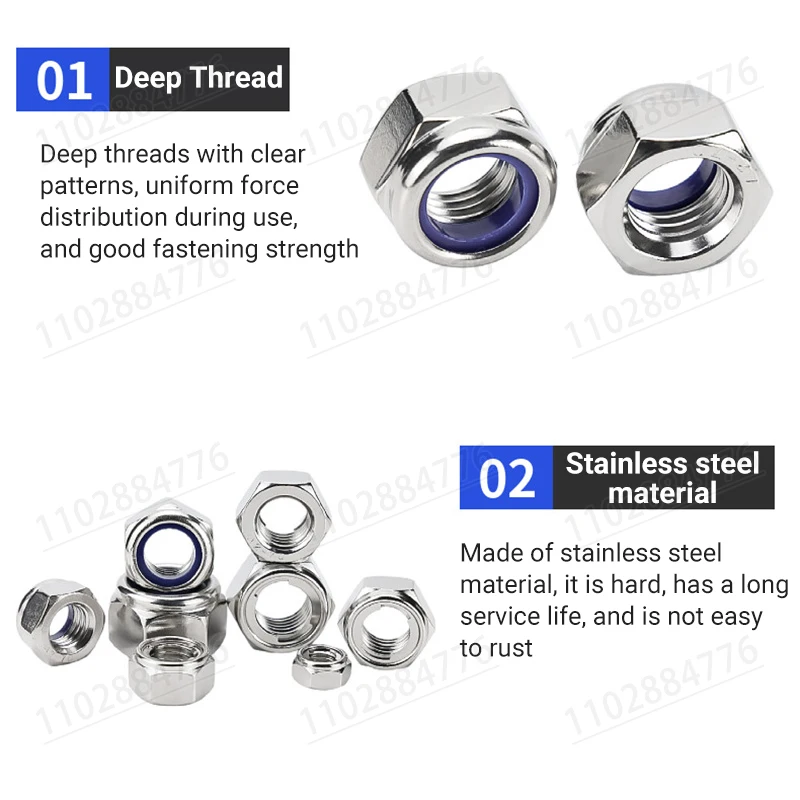 M3 M4 M5 M6 M8 M10 M12 M14 M16 304 Stainless Steel Black Hex Nylon Insert Lock Nut Self-locking Locknut