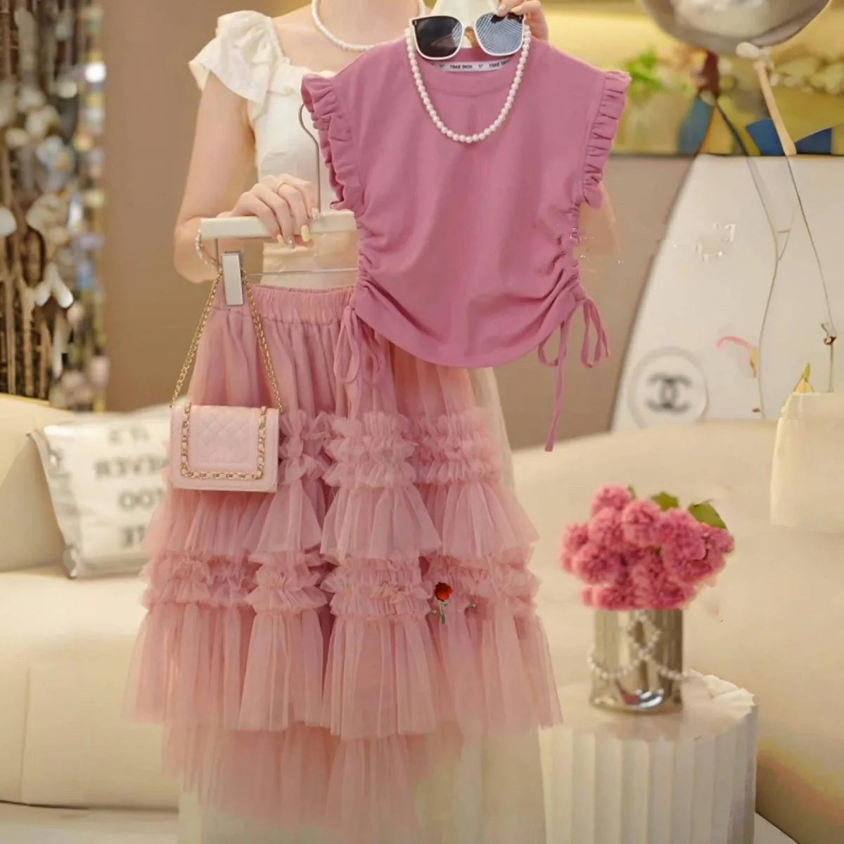 

Girls Summer Outfit Set 2026 Stylish Short Sleeve T-Shirt Princess Mesh Skirt Two-Piece Children's Clothing Set