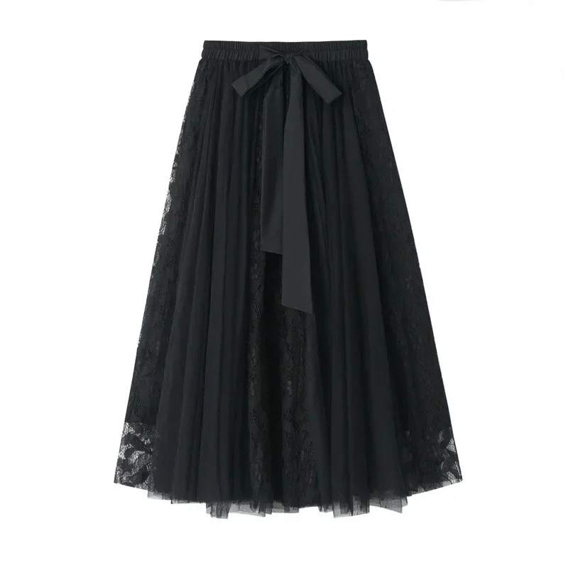 Mode Vielseitig Tutu Tüll Rock frauen Langen Rock Koreanische Nette Schleife Hohe Taille Spitze Gestickte Spleißen Mesh Halb Rock
