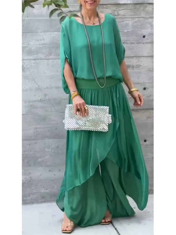 

Women Fashion Chiffon Loose Two Piece Sets Spring Summer Casual Solid O-neck Pullover Top + Irregular Wide Leg Pants 2Piece Sets