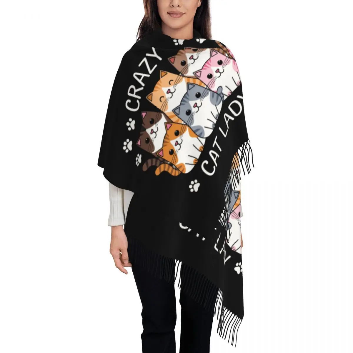 

Женский шарф Crazy Cat на заказ, длинные зимние теплые шаль с кисточками, шарфы унисекс