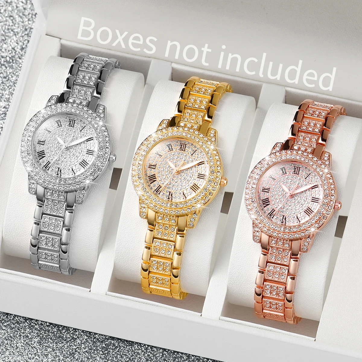 Relógio de quartzo strass feminino, pulseira de aço inoxidável, relógios de pulso sem caixa, moda relógios, 3 peças