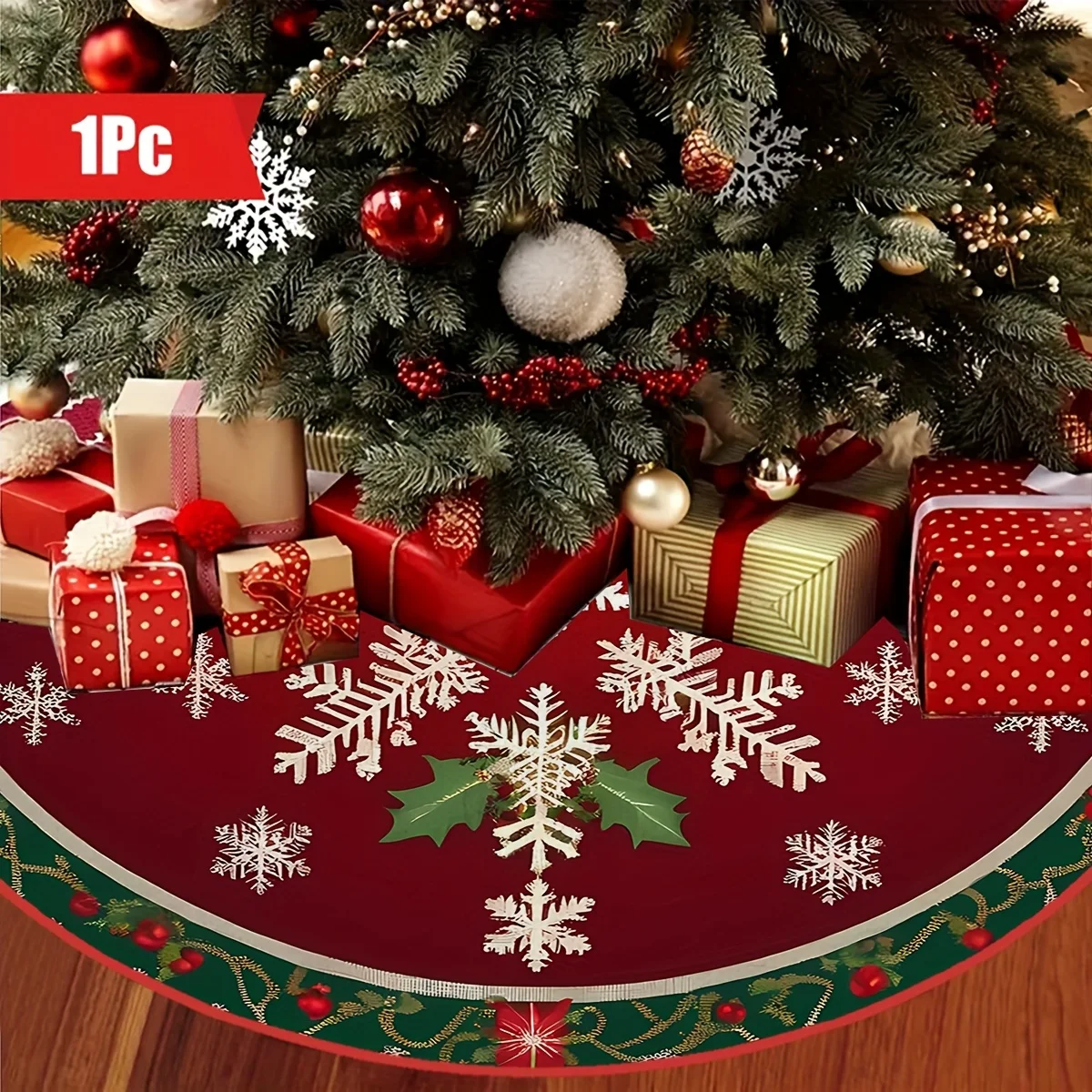 تنورة شجرة عيد الميلاد مطبوعة على شكل ندفة الثلج من VIKAMA مثالية لغرفة المعيشة، اختيار متين لديكورات المنزل الاحتفالية