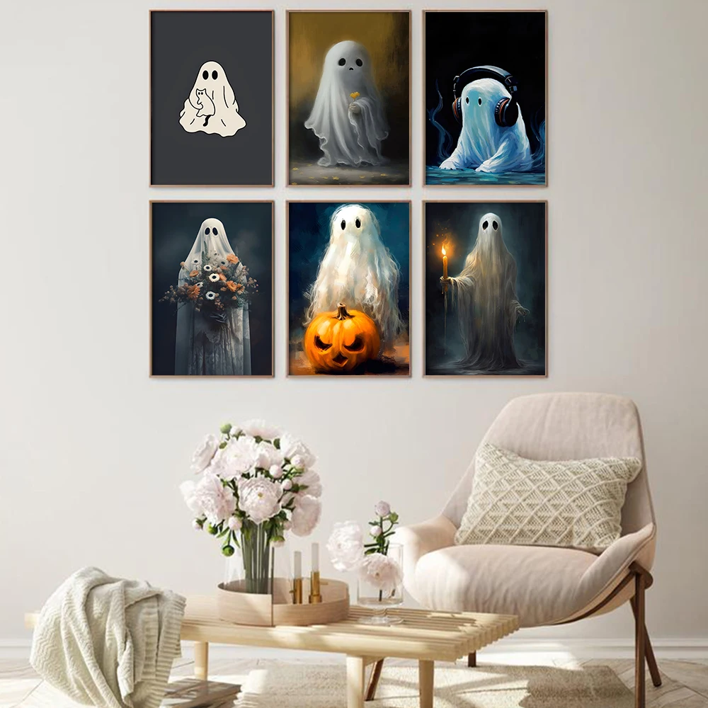 

Cute Ghost Canvas Painting Print, Modern Abstract Wall Art Poster, Funny Portrait Picture, Halloween Living Room, Home Decor