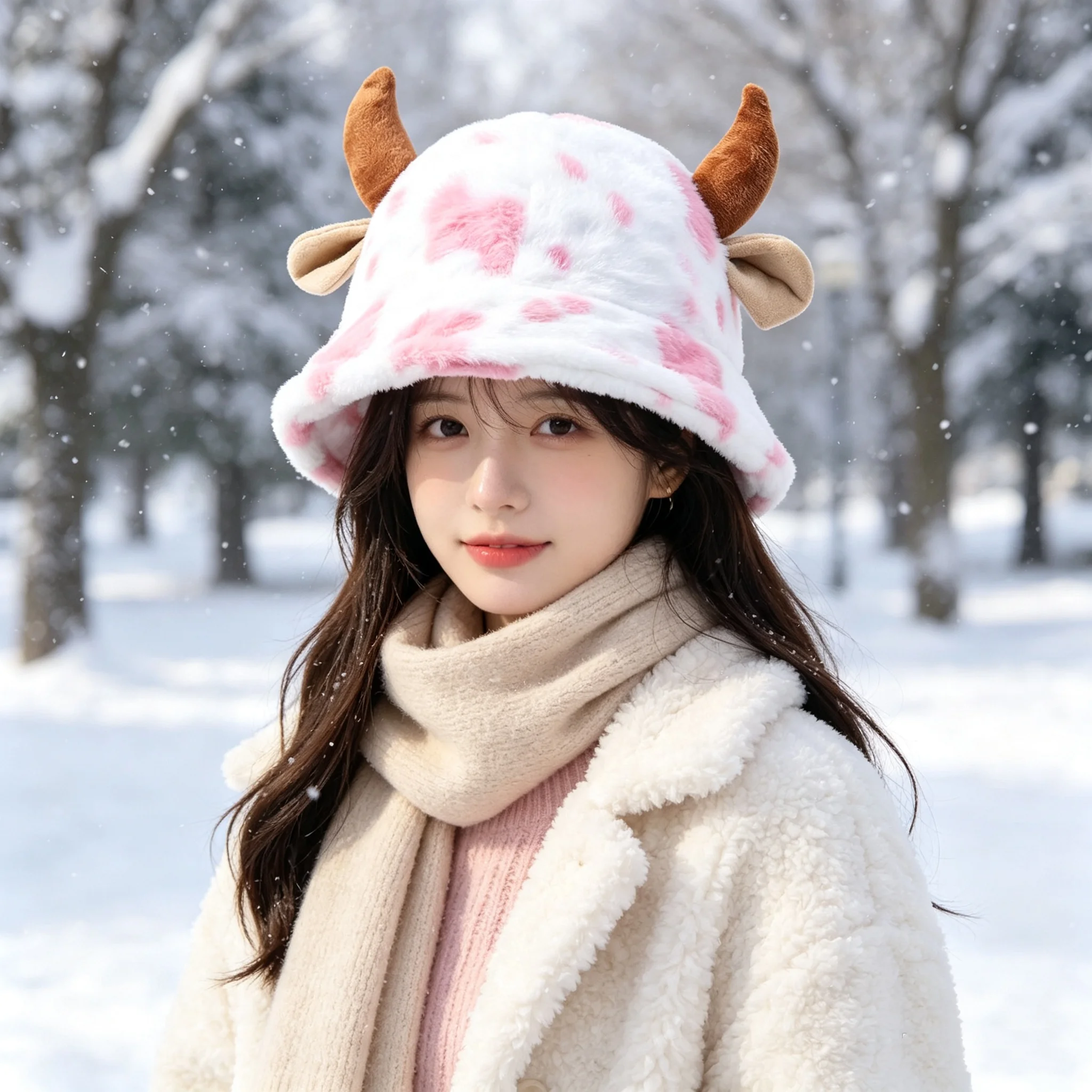 Autumn and Winter Girly Style Cow-Spot Plush Bucket Hat with 3D Fabric Cow Horns and Ears Decoration, Fluffy Faux Rabbit Fur Thickened Warm Cartoon Bucket Hat