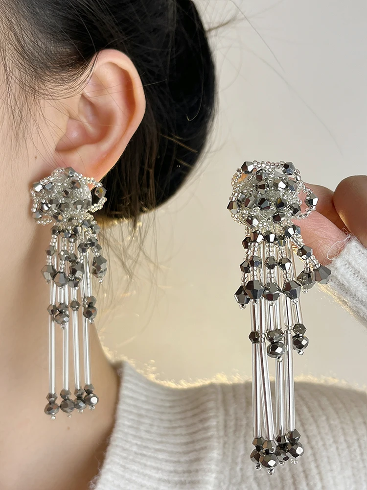 

Chic Boho Dangle Earrings with Tassel Crystals for Brides Wedding Jewelry Unique Beaded Ear Drops Light Luxury