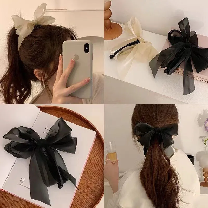 temperament Bow Banana Clips Solid Color Mesh Vertical Clip Elegant Net Yarn Ponytail Claw Sweet Multi-layer Bow-knot Hairpins