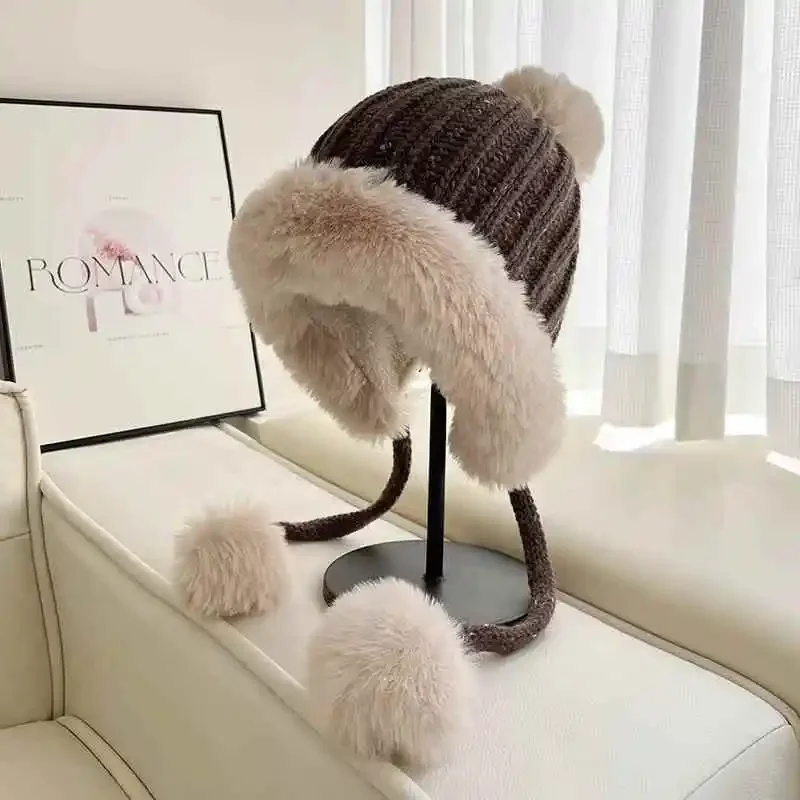 Fashion Wool Knitted Hairball Hat for Women Winter Cute Earflap Ski Cap Female Thicken Warm Hat Fluzzy Plush Pompom Russain Hat 4
