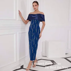 Ink Blue Evening Dress Customized Boat Neck Off Shoulder Beading Sequined Mermaid Saudi Prom Gown Ankle Length فساتين سهرات