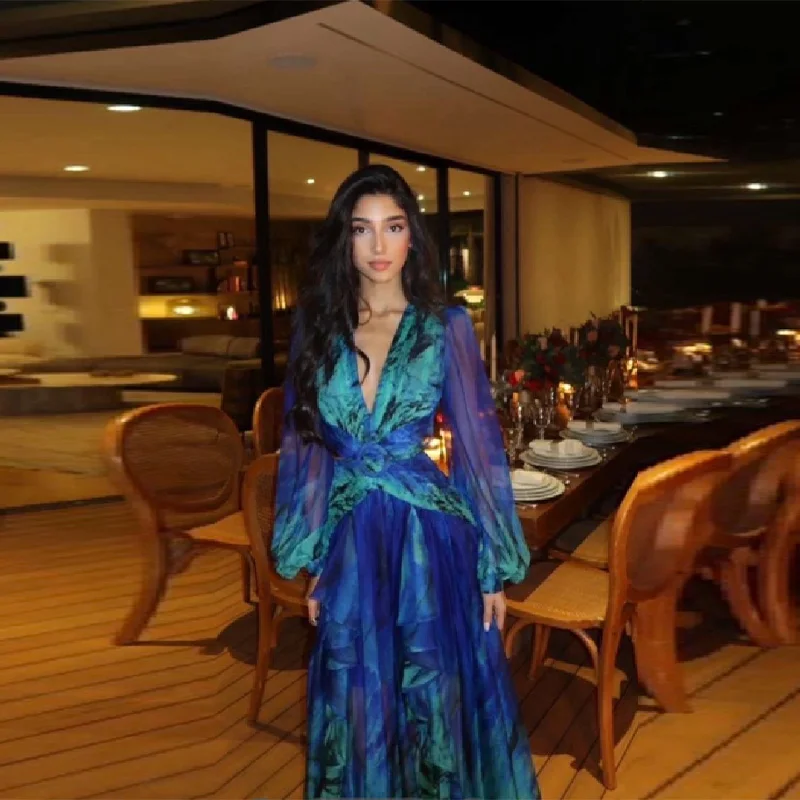 Frauen Trend Romantische Maxi Kleider Lange Ärmeln Tiefem V-kleid Rock Tie-dye Ausschnitt Sheer Chic Kleider Party musik Festival Roben