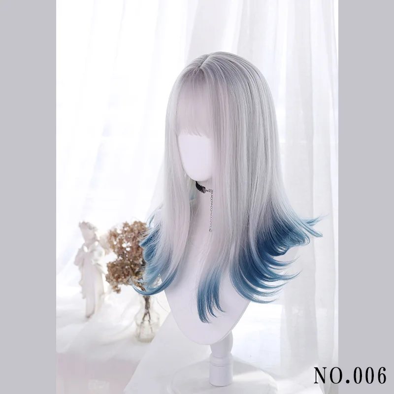 Women Synthetic Lolita Wig Long Straight Ombre Two Tone Silver Grey Blue Hair For Cosplay With Bangs wigs