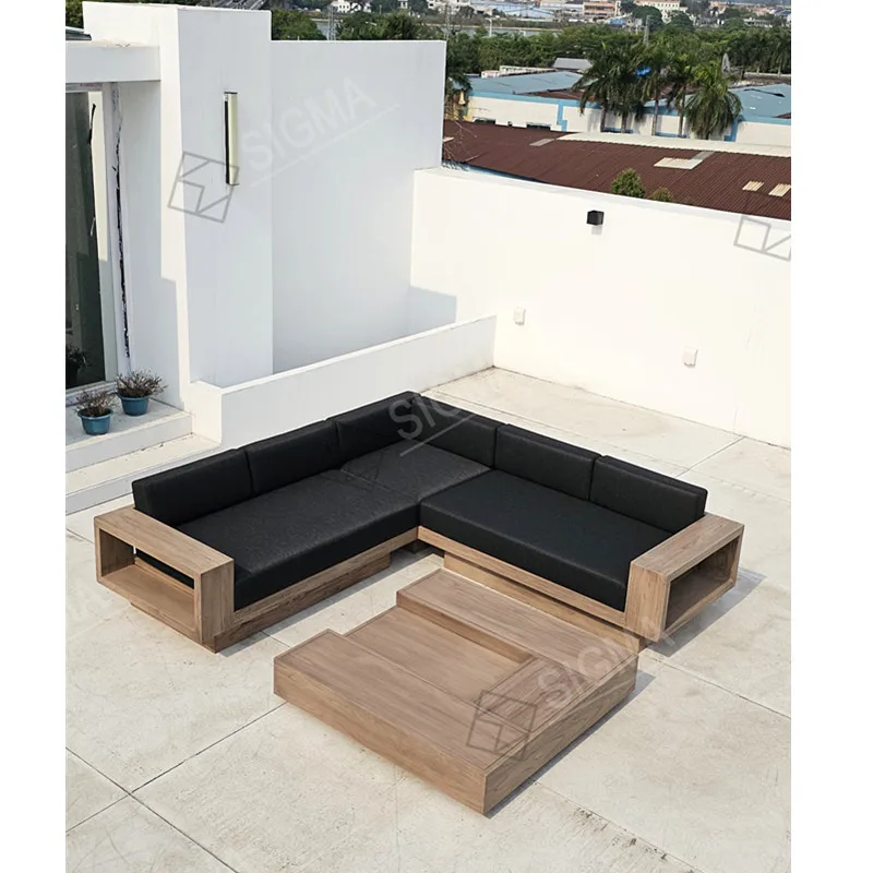 모던 가든 L자형 섹셔널 소파 티크 원목 고급 야외 라운지 티크 시그마 가구 파티오 정원 가구 세트