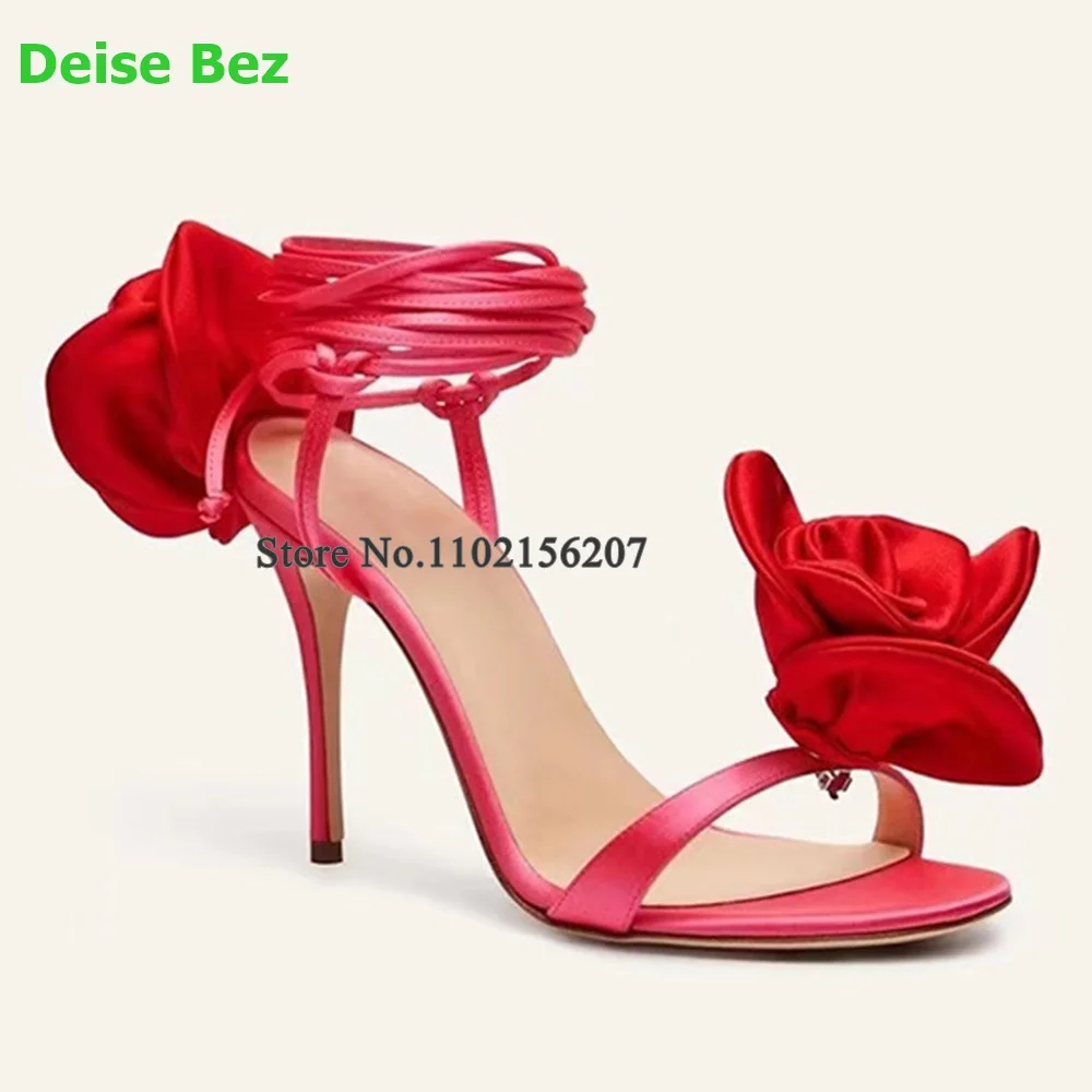 

Flower Design Ankle Rose Red Sandals For Female Women 2024 New Lace-up Sexy Thin High Heel Party Runway Summer Elegant Shoes