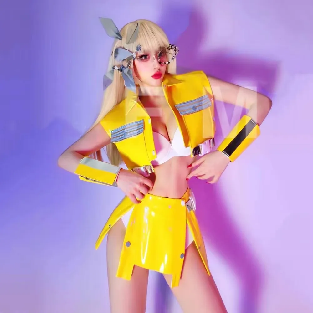 Damesrok en topset Geel Lasergesneden dansteamkostuum Sexy Jazz Girl Group Nachtclub Podium Gogo Performance Rave Outfit