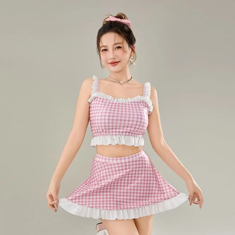 

Ruffled Edge Stripe Grid Swimsuit Suit Sweet Two Pieces Skirt Bathing Suit Hot Spring Clothing Beachwear Swimwear Bikini Set