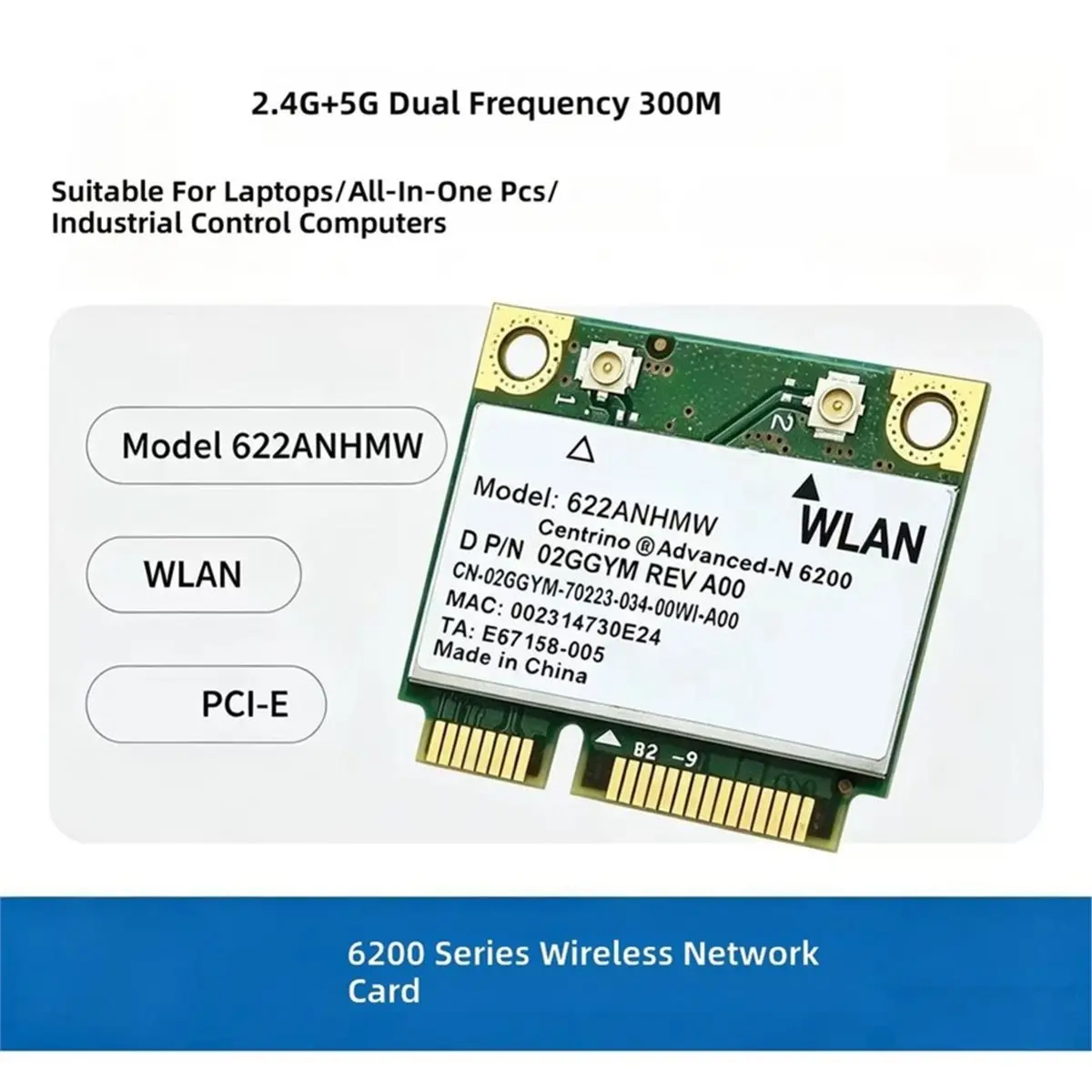 WIFI 622ANHMW 6200AGN WiFi Card PCI-E 802.11agn Dual-Band 300 Mbps Wireless Bluetooth 4.0 Network Card