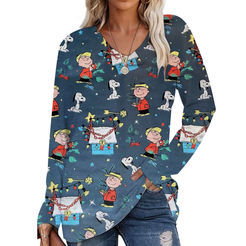 

Fashionable women's long sleeved T-shirt round neck pullover casual Snoopy pattern 3D printed gradient printed T-shirt