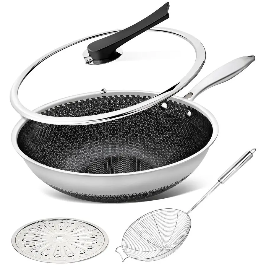 

Wok Pan with Lid, 12 Inch Stainless Steel Wok with Spider Strainer and Steaming Rack, Honeycomb amp Stirfry Pans Flat Bottom Wok