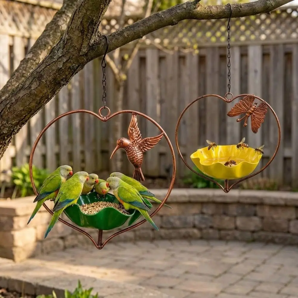 Iron Art Heart Shape Bird Feeder Wide-Mouth Large Capacity Flower Bird Water Feeder Anti-leakage Rust-resistant