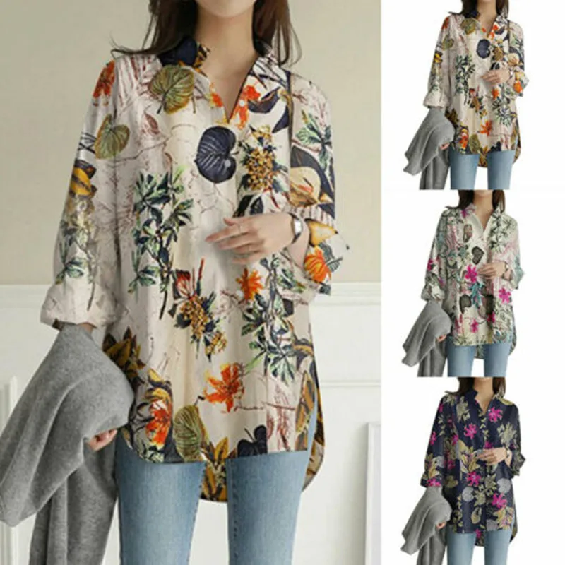 Autumn Women Printing Shirt Long Sleeve Turn Down Collar Tops Ladies Button Shirts 2023 Leisure Side Splits Outwear Blusas Mujer