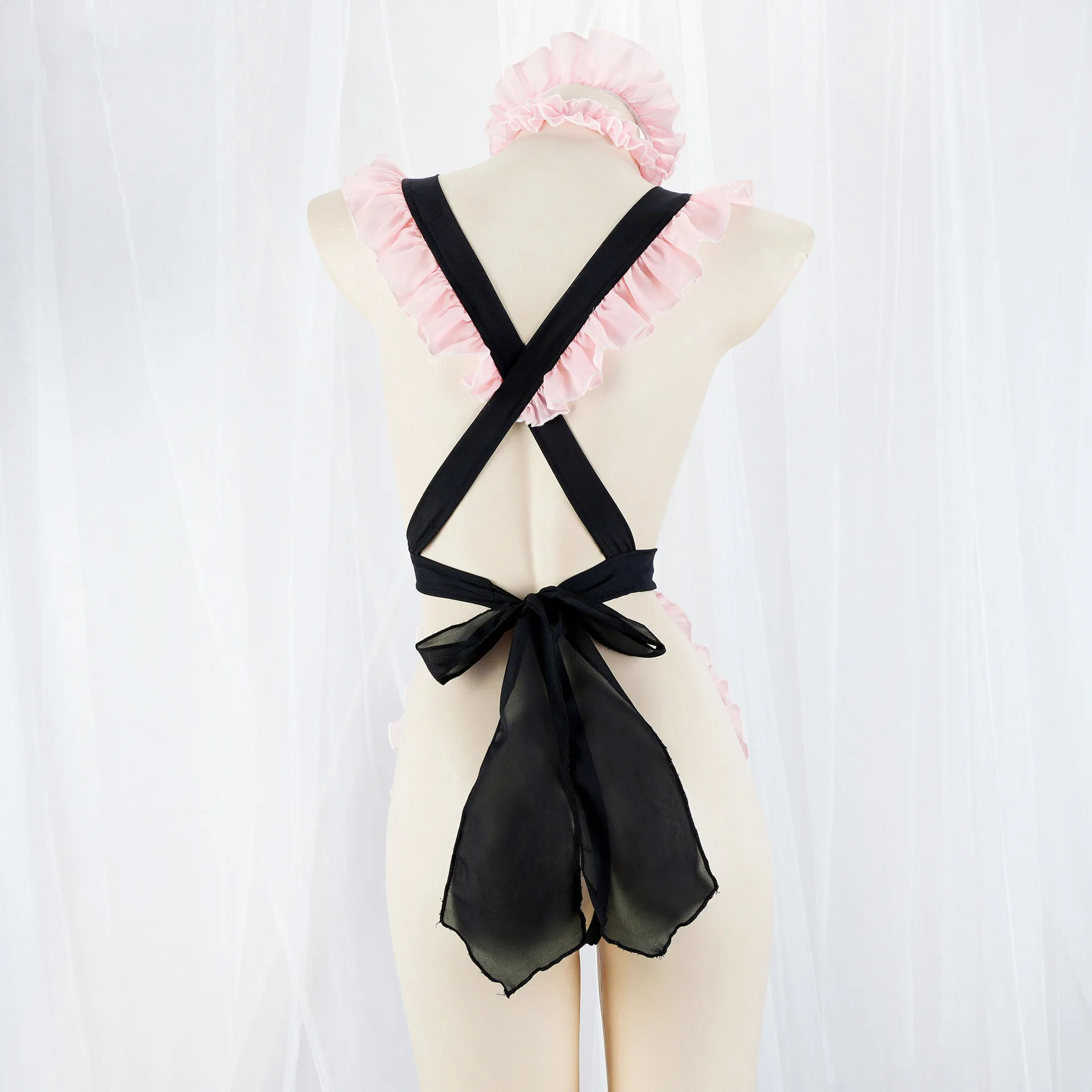 Sexy Anime Lolita Girls Maid Cosplay Translucent Chiffon Dress Apron Set Ruffles Dress Women Costumes Halloween Role Play Gift