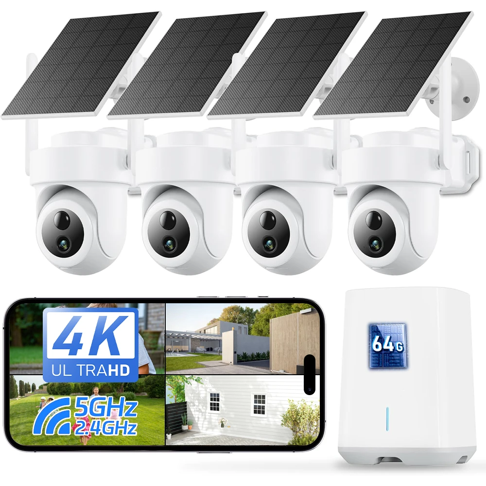 8MP 4K Solar Camera System 4-Cam kit Wireless Outdoor AI Detection Motion Tracking Outdoor Home Security System with 64G Card