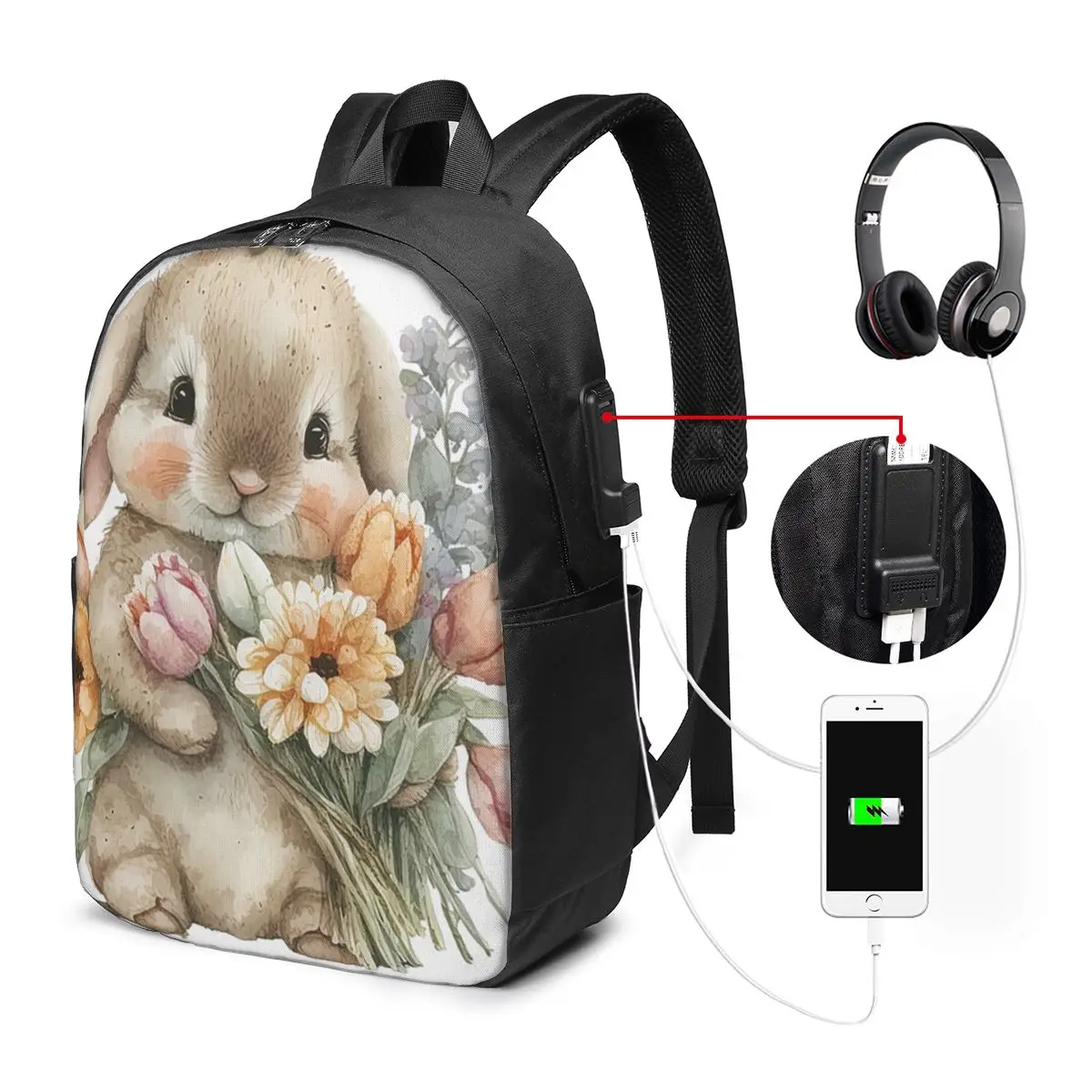 Kawaii Bunny And Flower Realistic Backpack Travel Notebook Bag Computer College Student School Bag Laptop Shoulder Bags
