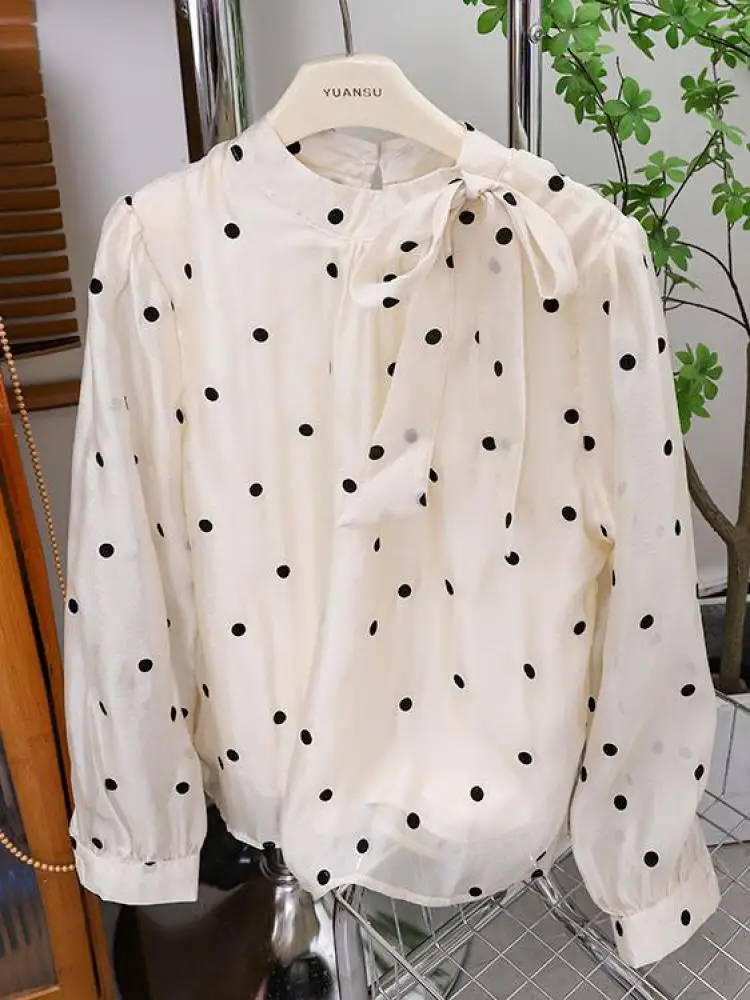 

French Vintage Fashion Women Beige Dot Long Sleeve Round Neck Bow Blouse 2025 Spring Blue Elegant Office Shirt Work Tops Popular