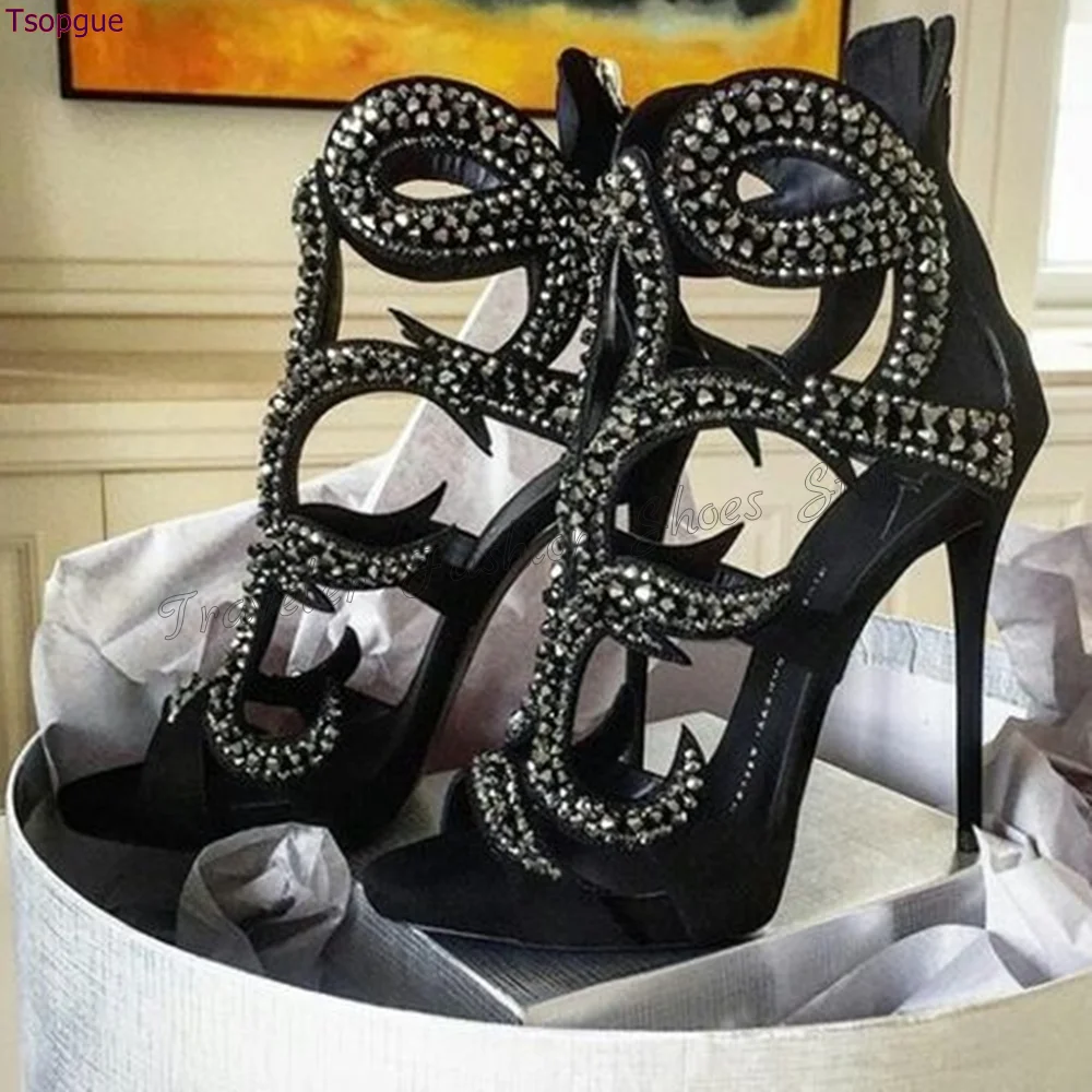 Sandali con cerniera posteriore con taglio in cristallo nero Tacchi a spillo sexy Tacchi alti Scarpe con tacco alto per donna Tacchi 2025 Nuovi Zapatos Para Mujere